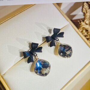 Black bow and crystal square earrings. Holiday collection.